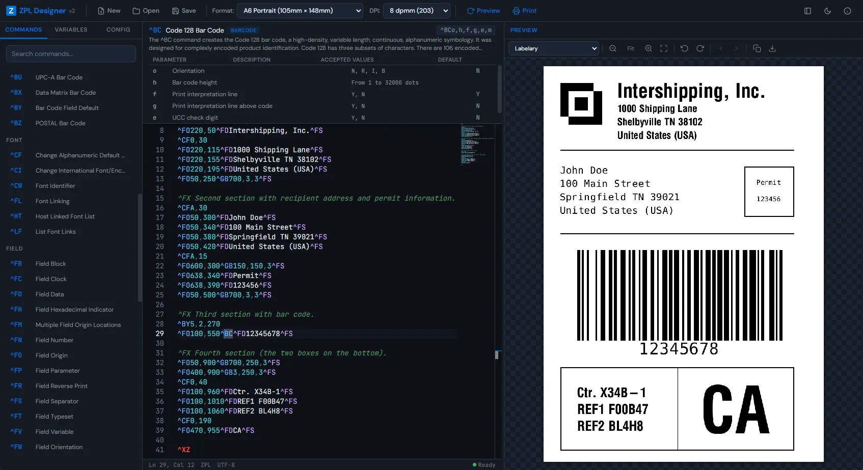 ZPL Designer v2 — Web-based ZPL code editor with live label preview