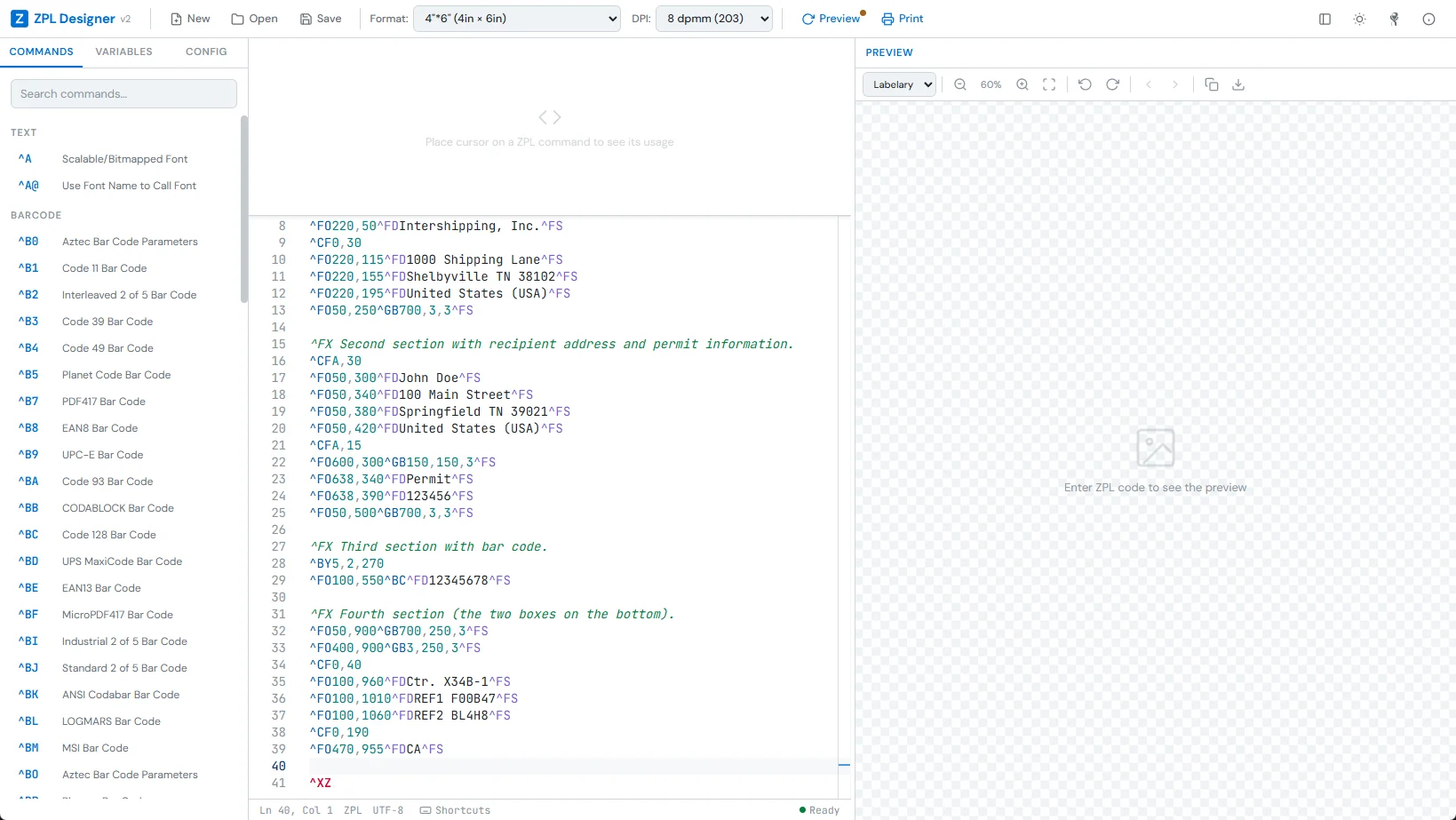 ZPL Designer v2 — Code editor with live label preview