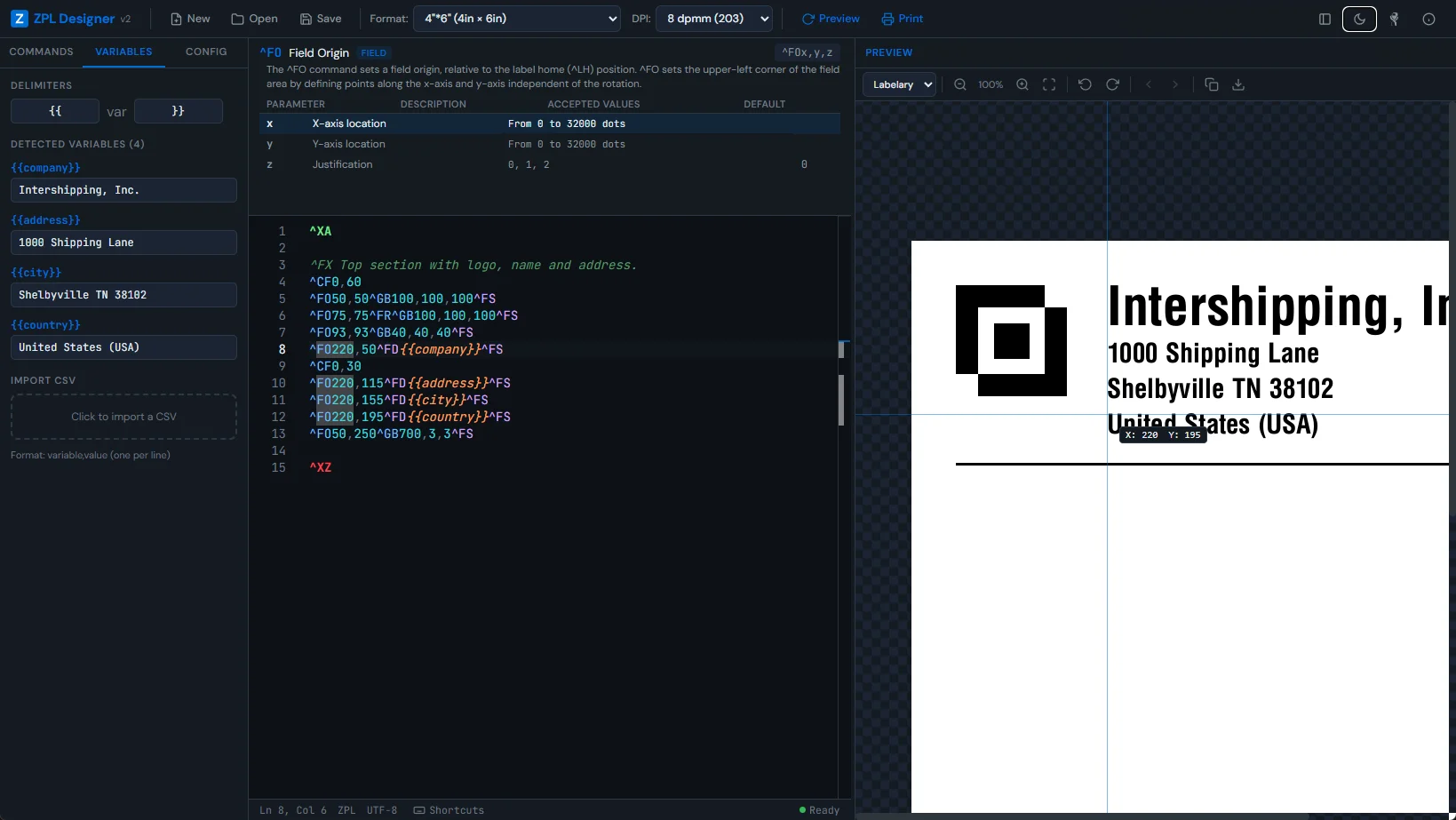 ZPL Designer v2 — Dynamic variables