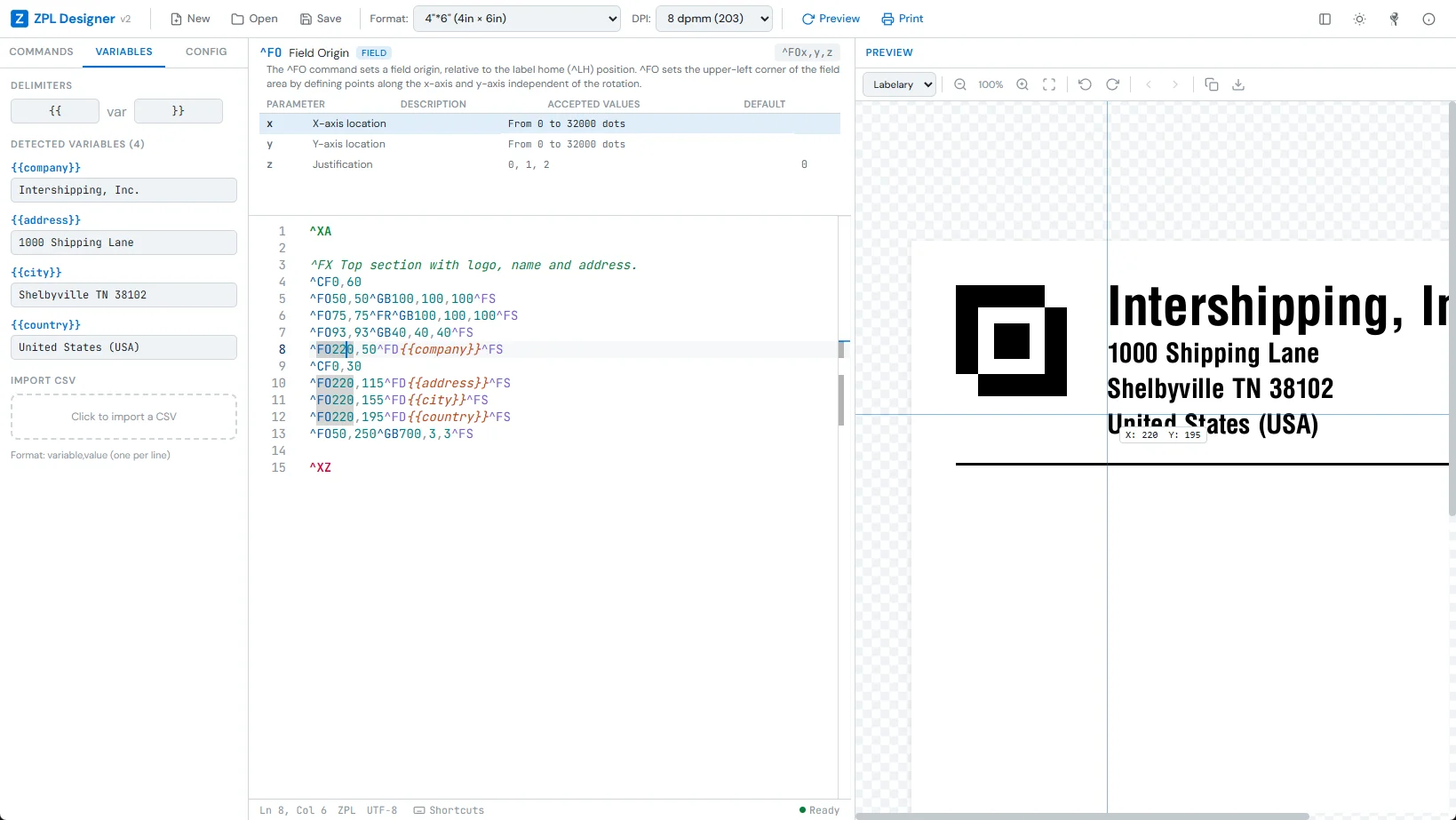 ZPL Designer v2 — Dynamic variables